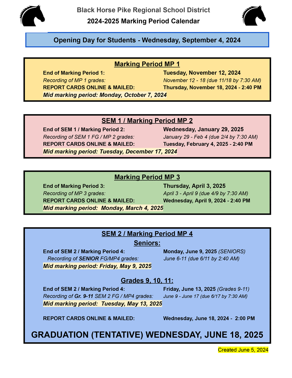 Marking Period Calendar